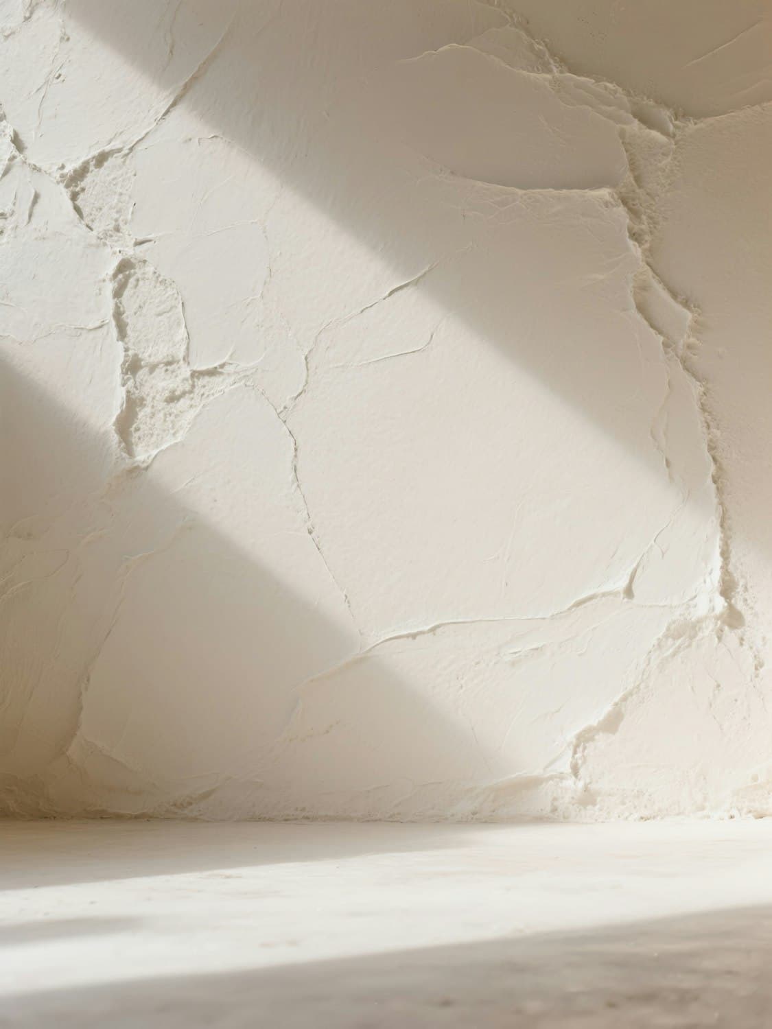 Hand-trowelled lime plaster wall crossed by a diagonal band of morning light.