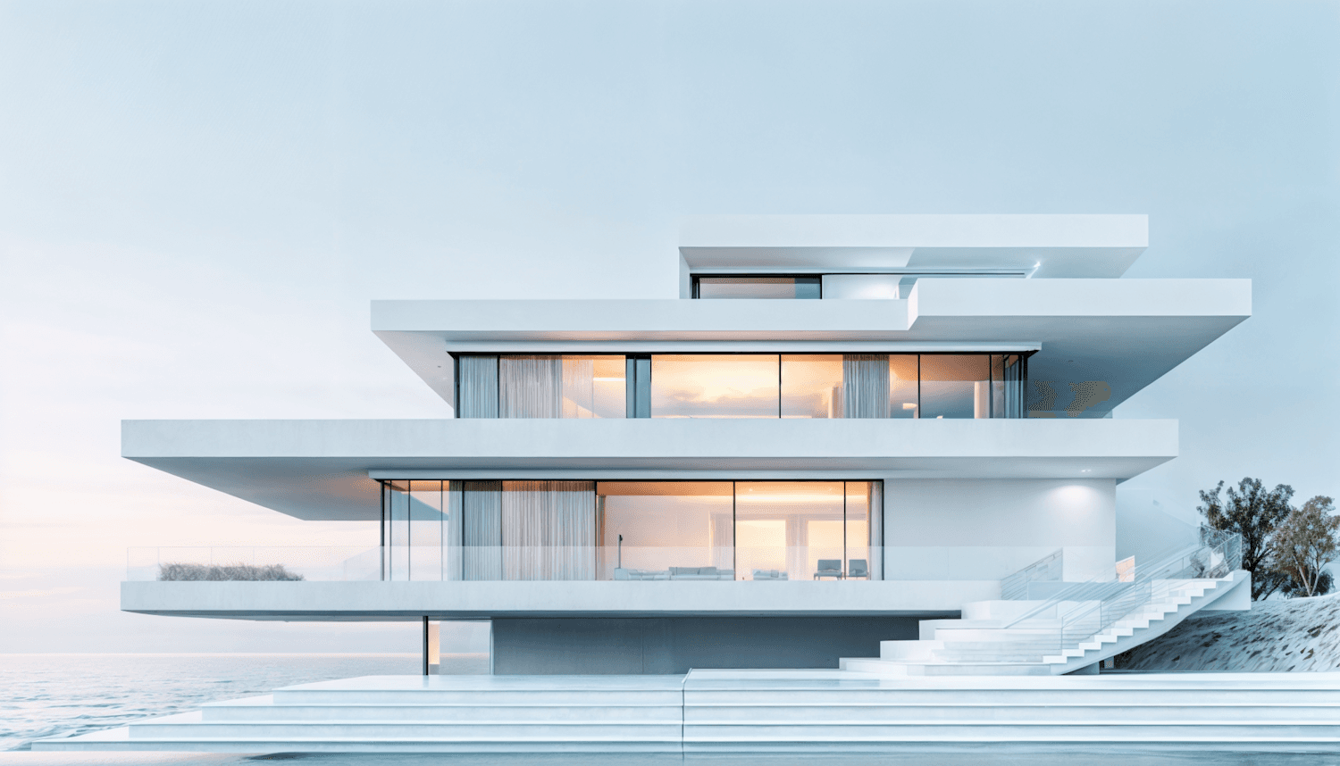 Tidal House in Goa at dusk: white cantilevered floors stepping down towards the sea, lit warmly from within.