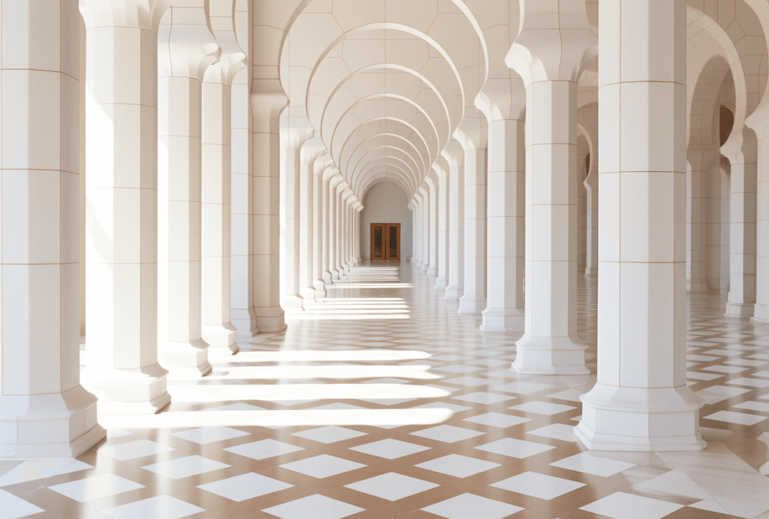 A long arcade of pale stone columns and pointed arches, with sunlight laying stripes across a patterned floor.