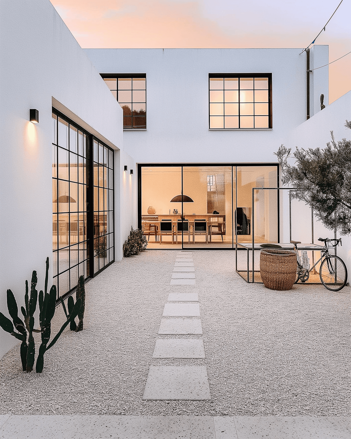 The white courtyard of Courtyard House at dusk, with steel-framed glazing, a gravel court, cacti and a stepping-stone path to the dining room.