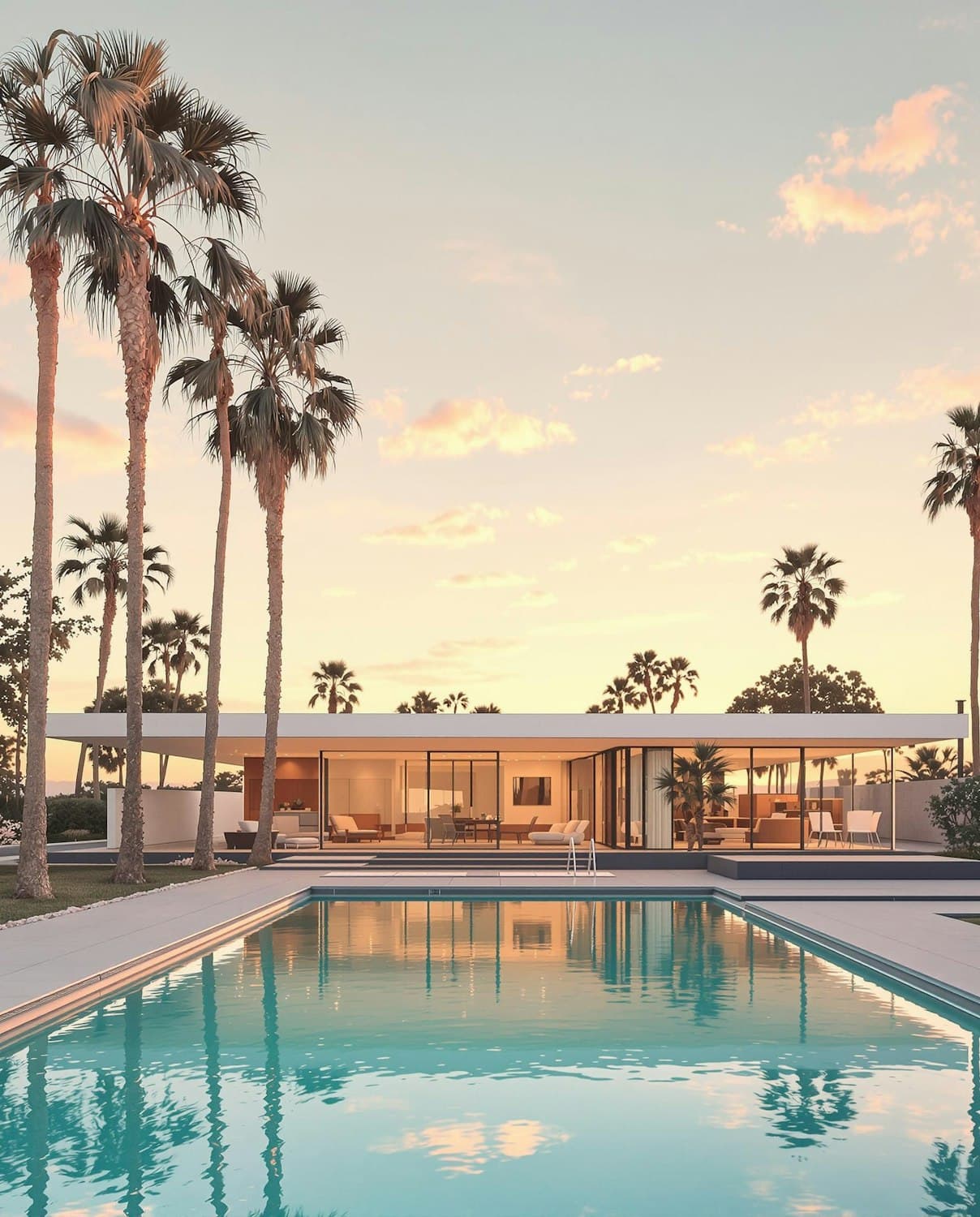 House 01, a low glass pavilion under a thin white roof, framed by palm trees and reflected in a long pool at sunset.