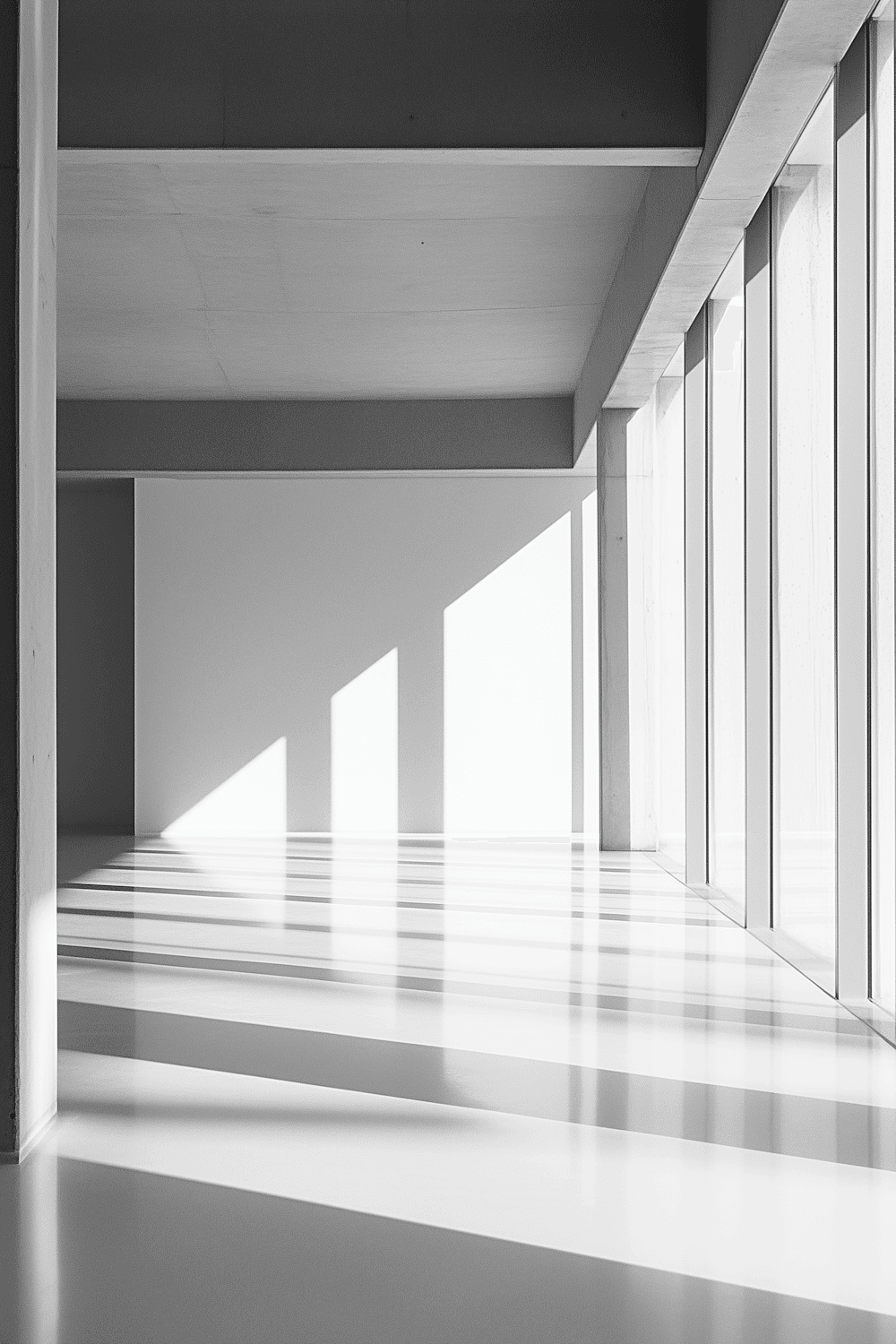 Black and white view of a gallery in the Museum of Light, where tall glazing throws bands of sunlight across the floor and walls.