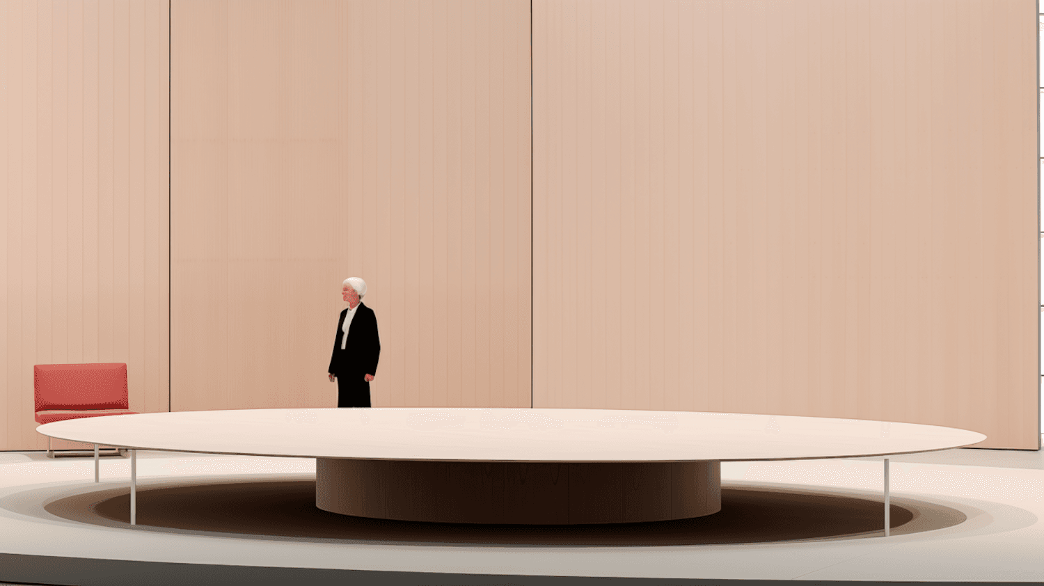 A lone figure beside a vast elliptical timber table in The Round Room, against tall panelled walls.
